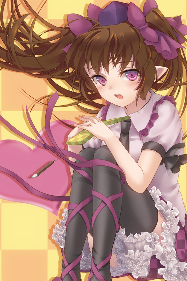 :o black_legwear bow brown_hair cellphone checkered checkered_background frills gathers geroro hair_bow hat himekaidou_hatate long_hair looking_at_viewer open_mouth phone purple_eyes sitting skirt solo teeth thigh-highs thighhighs tokin_hat touhou twintails very_long_hair violet_eyes