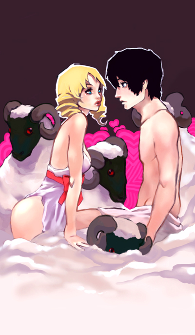 1girl bare_shoulders black_hair blonde_hair blue_eyes catherine catherine_(game) drill_hair horns lingerie sheep taho topless twin_drills underwear vincent_brooks