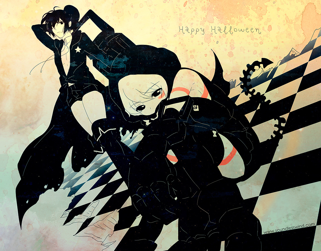black_rock_shooter black_rock_shooter_(character) blue_background boots character_request checkered checkered_floor coat dutch_angle gradient gradient_background halloween happy_halloween hood kaze-hime multiple_girls nezumi_(no.6) no.6 ponytail shion_(no.6) shorts sitting strength_(black_rock_shooter) tail tattoo thigh-highs thigh_boots thighhighs weapon yellow_background