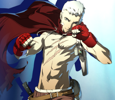 bandaid cape evoker fighting_stance fingerless_gloves gloves holster knife lowres male official_art persona persona_3 persona_4:_the_ultimate_in_mayonaka_arena sanada_akihiko scar shirtless short_hair soejima_shigenori solo topless white_hair