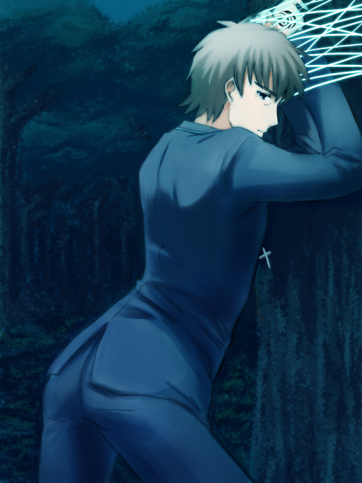 against_tree ass brown_hair command_spell cross drawfag entangled fate/stay_night fate/zero fate_(series) kotomine_kirei male short_hair solo tied_up tree ude
