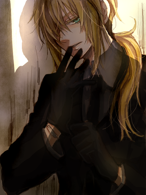 androgynous bad_id biting black_gloves blonde_hair fate/stay_night fate/zero fate_(series) female formal glove_biting gloves green_eyes long_hair pant_suit ponytail reverse_trap roukaku17 saber solo suit tomboy