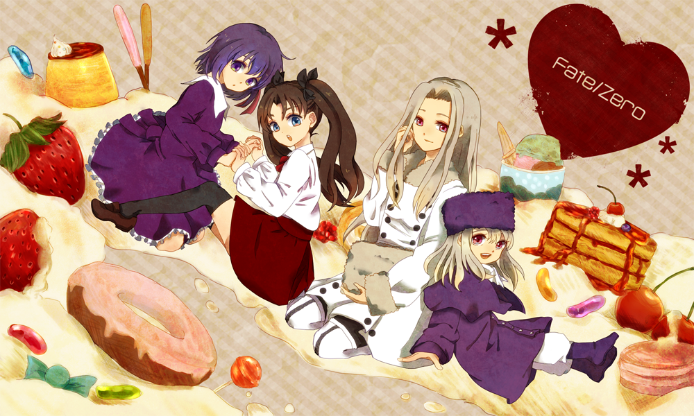 age_difference brown_hair child doughnut fate/stay_night fate/zero fate_(series) food fruit hair_ribbon haruto_(artist) hat illyasviel_von_einzbern irisviel_von_einzbern long_hair matou_sakura mother_and_daughter multiple_girls pantyhose purple_eyes purple_hair red_eyes ribbon siblings sisters strawberry sweets thighhighs tohsaka_rin toosaka_rin twintails violet_eyes white_hair young