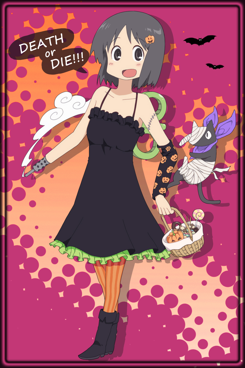 :d android bandage bandages basket bat black_eyes black_hair boots candy cat collarbone detached_sleeves dress gun halloween highres hiroki_eiki machine_gun nichijou open_mouth pantyhose petticoat pumpkin pumpkin_hair_ornament sakamoto_(nichijou) scar shadow shinonome_nano short_hair single_sleeve smile smoke speech_bubble stitches vertical-striped_legwear vertical_stripes weapon winding_key