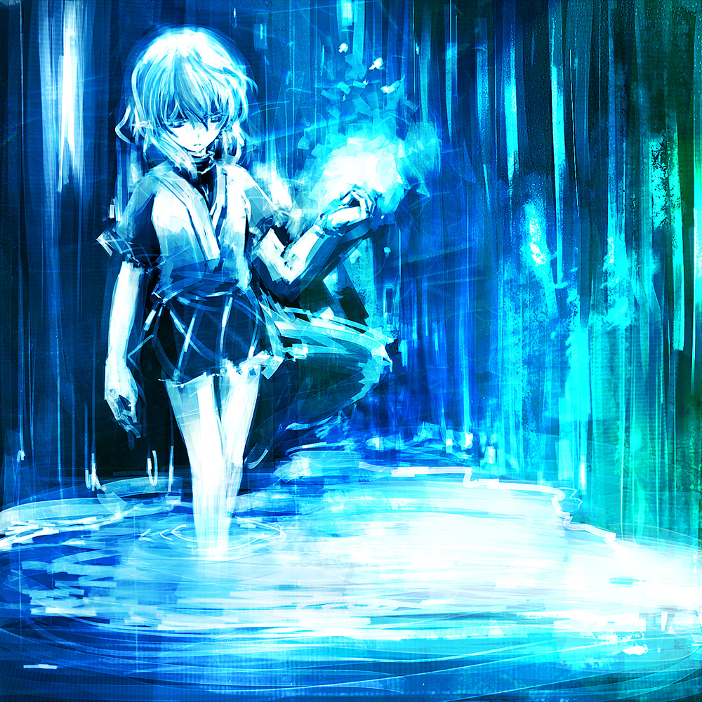 blue dress expressionless glowing mark mizuhashi_parsee monochrome pointy_ears skirt solo standing touhou wading water
