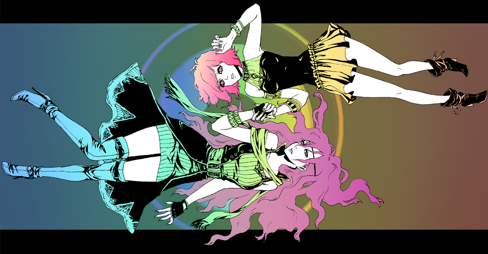 ai_(ai1470) artist_request bracelet coat faris_scherwiz ff_gradient final_fantasy final_fantasy_v fingerless_gloves gloves high_heels jewelry lenna_charlotte_tycoon lying multiple_girls pink_eyes pink_hair purple_eyes purple_hair shoes siblings sisters skirt violet_eyes