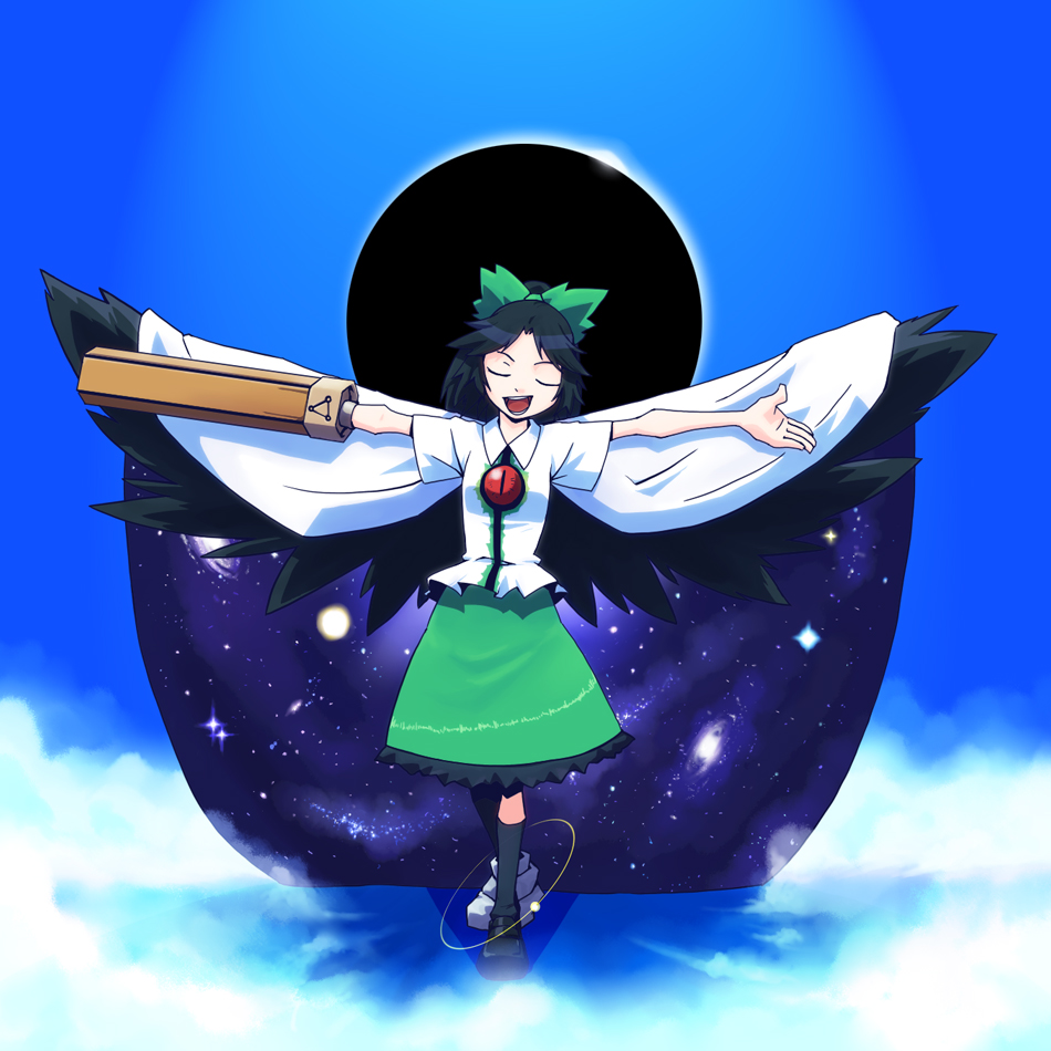 asymmetrical_clothes bow cape hair_bow kansuke_(artist) mismatched_footwear outstretched_arms reiuji_utsuho solar_eclipse spread_arms touhou weapon wings