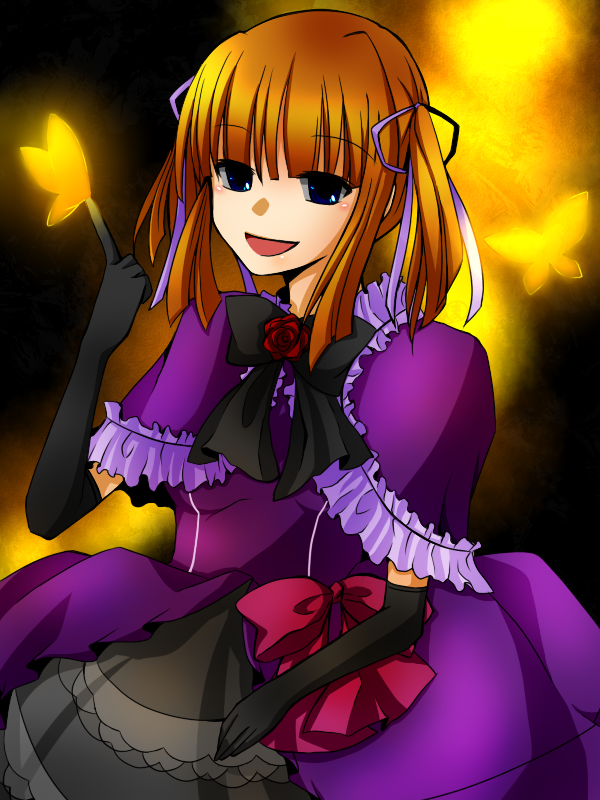 alternate_hairstyle blue_eyes bow butterfly dress elbow_gloves eva_beatrice flower gloves orange_hair rose side_ponytail solo twintails umineko_no_naku_koro_ni