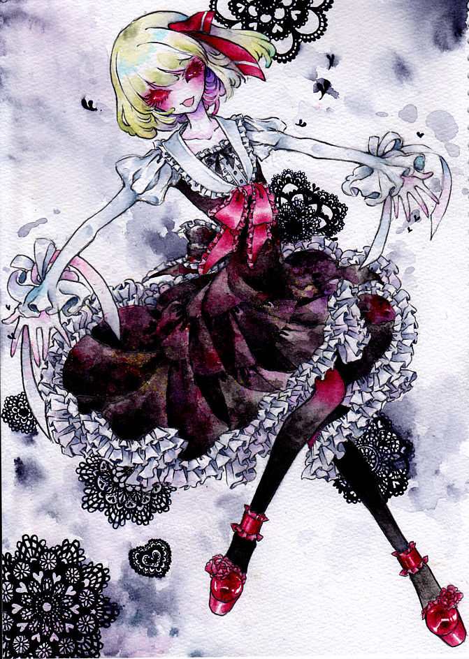 black_legwear black_thighhighs blonde_hair bow dress eyelashes flower frills hair_bow heart lolita_fashion long_sleeves miri no_nose outstretched_arms red_eyes ribbon rose rumia shoes short_hair smile solo spread_arms thigh-highs thighhighs touhou traditional_media watercolor_(medium) wide_sleeves