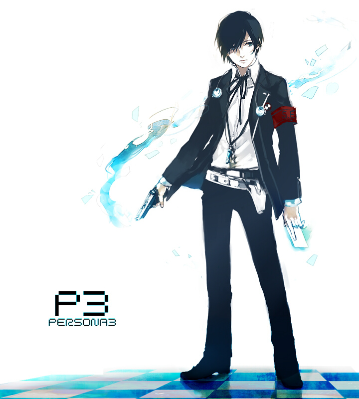 arisato_minato armband belt blue_eyes blue_hair card card_with_aura checkered checkered_floor evoker floating_card gun headphones holding holding_card holster jacket long_sleeves lupicam male necktie persona persona_3 ribbon school_uniform solo standing weapon