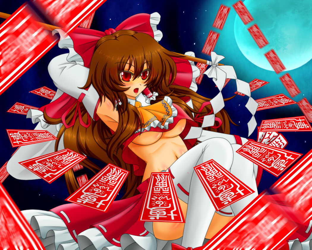 1girl archienemy armpits arms_up bow breasts brown_hair danmaku detached_sleeves gohei hair_bow hakurei_reimu iyuuki large_breasts long_hair midriff moon navel night ofuda red_eyes solo thighhighs touhou underboob white_legwear white_thighhighs