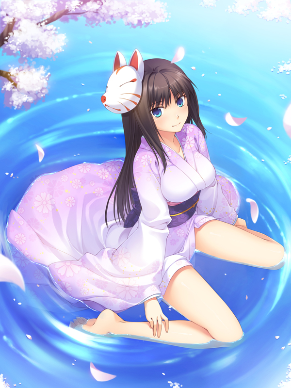 bare_legs barefoot blue_eyes brown_hair cherry_blossoms face feet fox_mask from_above hands japanese_clothes kimono kitsune_mask legs looking_at_viewer looking_up mask original partially_submerged petals ripples sitting solo toes wariza water yanagi_(tsukiakari)