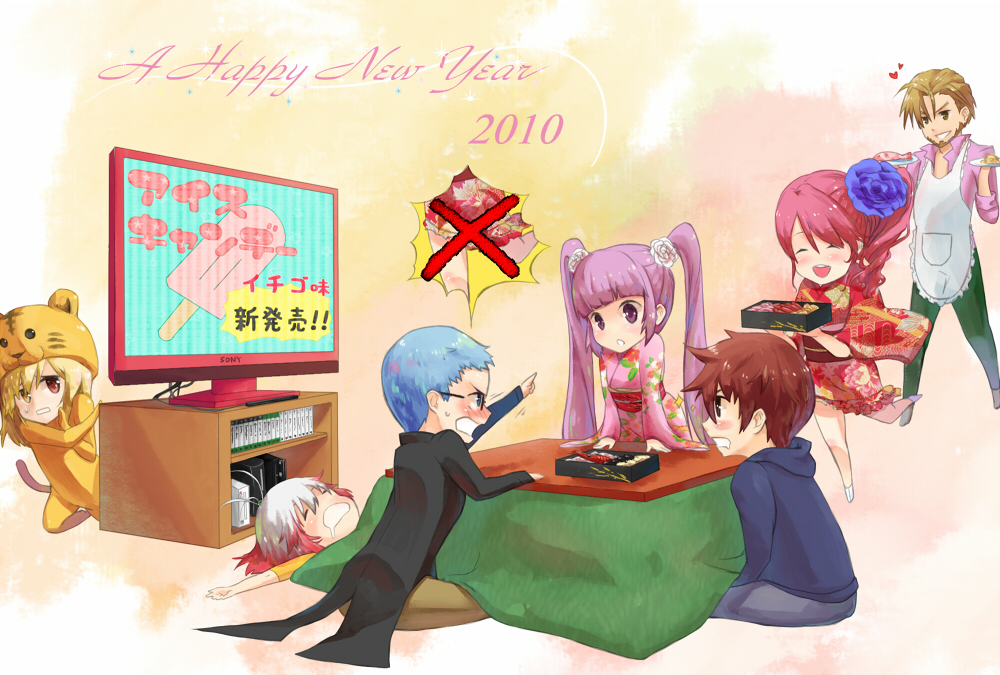 3girls 4boys apron asbel_lhant cheria_barnes hair_ornament hubert_ozwell japanese_clothes kimono kotatsu malik_caesars multicolored_hair multiple_boys multiple_girls new_year pascal playstation_3 popsicle richard_(tales_of_graces) sophie_(tales_of_graces) table tales_of_(series) tales_of_graces tenguu_rio twintails two-tone_hair wii xbox_360