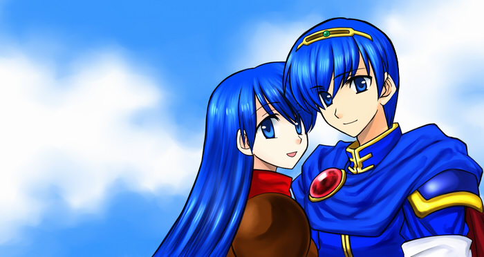 1boy 1girl 74 armor blue_eyes blue_hair cape cloud couple fire_emblem fire_emblem:_mystery_of_the_emblem fire_emblem_mystery_of_the_emblem jewelry long_hair marth sheeda sky smile tiara