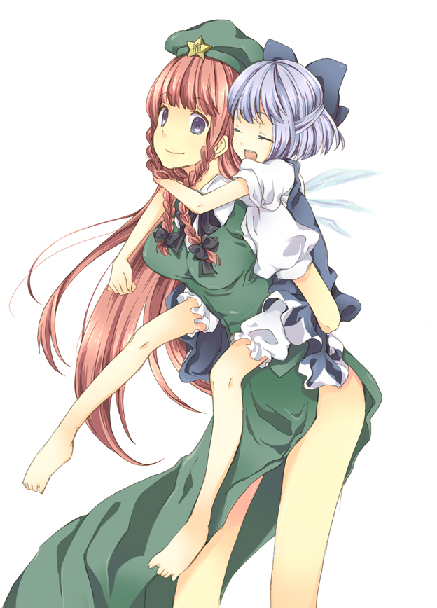 bangs barefoot bloomers blue_eyes blue_hair blunt_bangs bow braid china_dress chinese_clothes cirno closed_eyes hair_bow half_updo happy hat hong_meiling hug hug_from_behind long_hair maki_(natoriumu) multiple_girls piggyback red_hair redhead short_hair simple_background smile touhou twin_braids wings