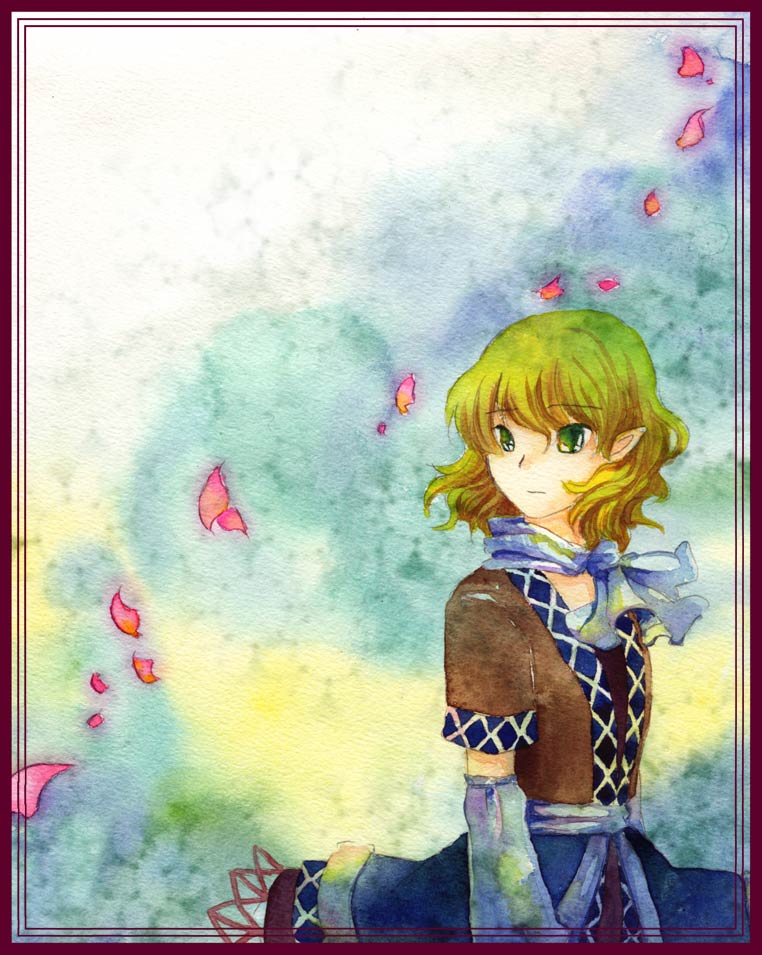 blonde_hair cherry_blossoms green_eyes mizuhashi_parsee neckerchief pointy_ears shiroaisa touhou traditional_media watercolor_(medium)