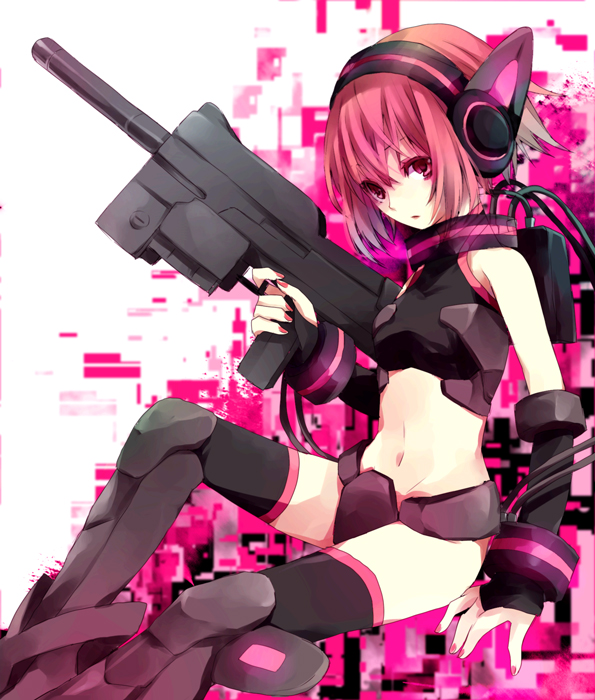 bad_id bikini_armor gun nail_polish navel neon_trim original pink_eyes pink_hair short_hair solo submachine_gun thighhighs weapon yuzuki_karu