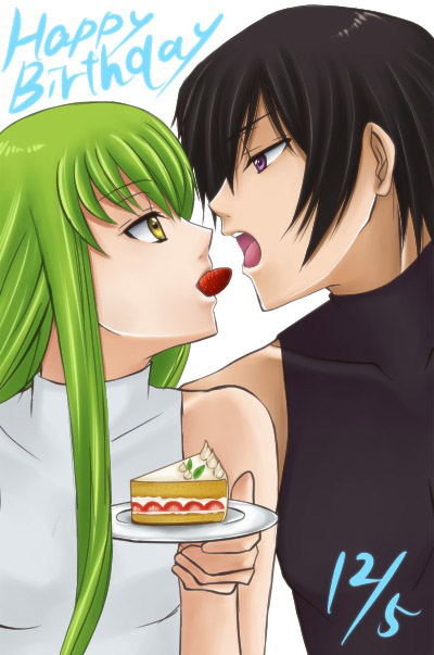 black_hair c.c. cake cc code_geass food fruit green_hair lelouch_lamperouge long_hair mouth_to_mouth_feeding pastry purple_eyes sleeveless sleeveless_turtleneck strawberry turtleneck violet_eyes wadumi yellow_eyes