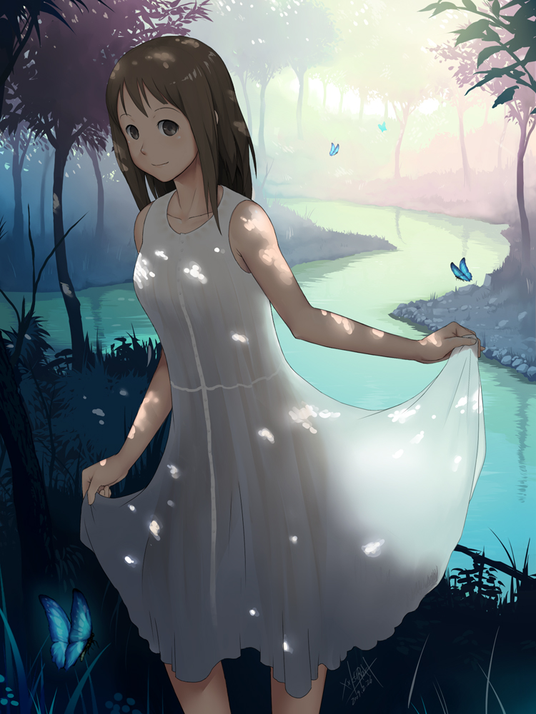 brown_hair butterfly dress long_hair original river see_through smile solo tree xxkuroxx