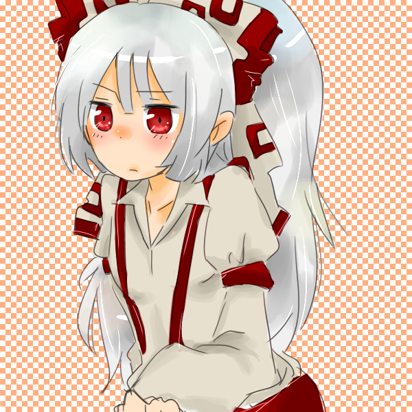 alternate_hairstyle bad_id blush bow fujiwara_no_mokou hair_bow long_hair red_eyes silver_hair suspenders touhou zawameki