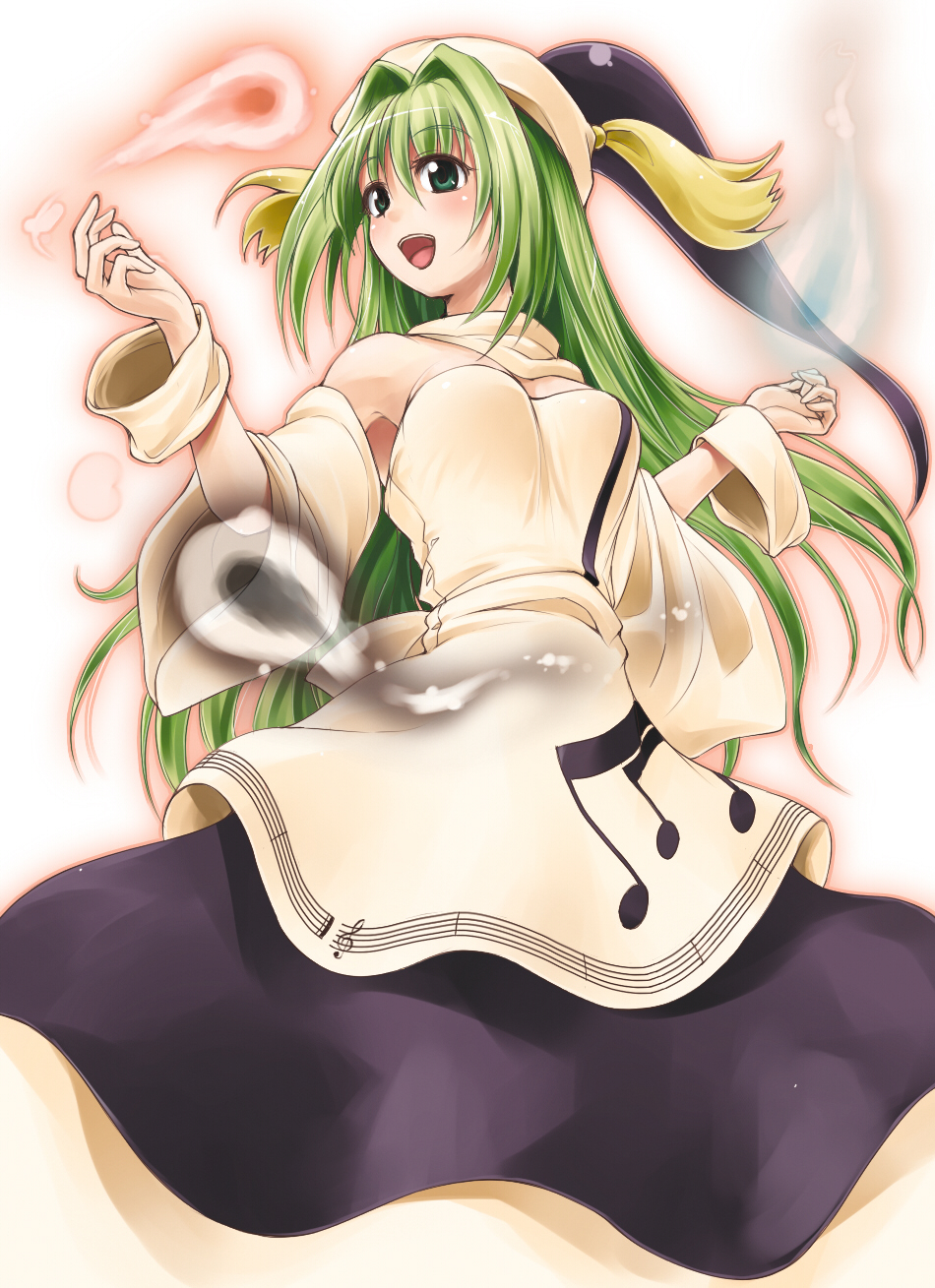 detached_sleeves dress fechirin green_eyes green_hair hat highres layla_prismriver long_hair musical_note solo touhou