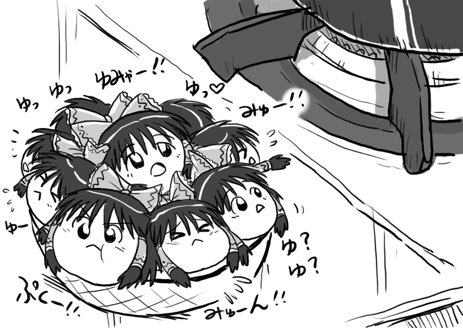 &gt;_&lt; :t basket bow hair_bow hair_tubes hakurei_reimu koyukkuri monochrome rorinko stove touhou yukkuri_shiteitte_ne