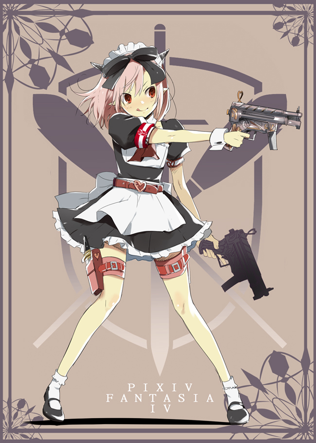 :p :q apron belt blush bow bowtie dual_wielding gun h&amp;k_mp5k hair_bow headband headdress heart heckler_&amp;_koch holster horns kl knife legs maid maid_headdress male miniskirt original outstretched_arm pink_hair pixiv pixiv_fantasia pixiv_fantasia_4 pointy_ears puffy_sleeves red_eyes ribbon short_hair skirt socks solo standing submachine_gun thigh-highs thigh_holster thigh_strap tongue trap weapon