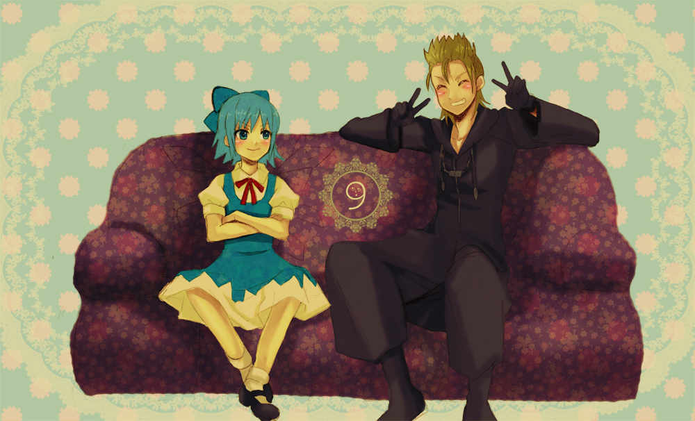 blonde_hair blue_eyes blue_hair blush cirno closed_eyes couch crossed_arms crossover demyx error kingdom_hearts organization_xiii sitting smile touhou v ⑨