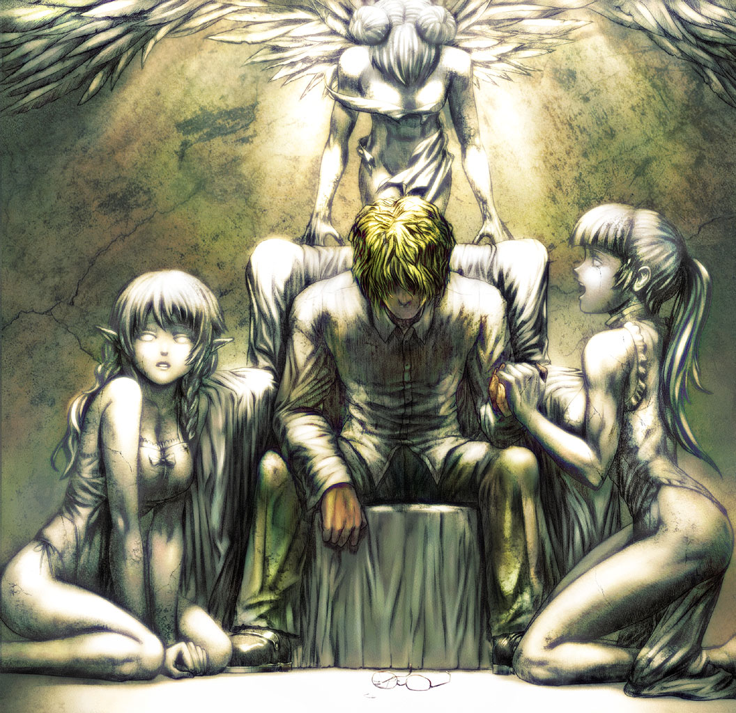 3girls angel blonde_hair braid braids breasts china_dress chinese_clothes cleavage copyright_request double_bun elf glasses male multiple_girls pointy_ears ponytail s_zenith_lee sitting statue tears wings