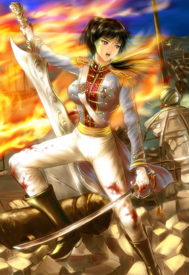 blood boots breasts copyright_request epaulettes fire gloves katana large_breasts military military_uniform purple_eyes rubble ruins s_zenith_lee sword uniform violet_eyes war weapon