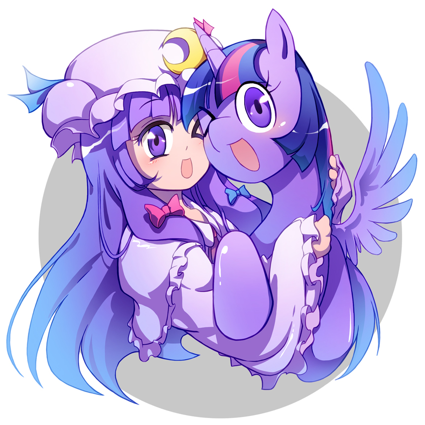 &gt;_o 1girl ;d cheek-to-cheek crossover hat horn hug long_hair looking_at_viewer mob_cap my_little_pony my_little_pony_friendship_is_magic one_eye_closed open_mouth patchouli_knowledge pony purple_hair smile touhou twilight_sparkle violet_eyes xin_yu_hua_yin