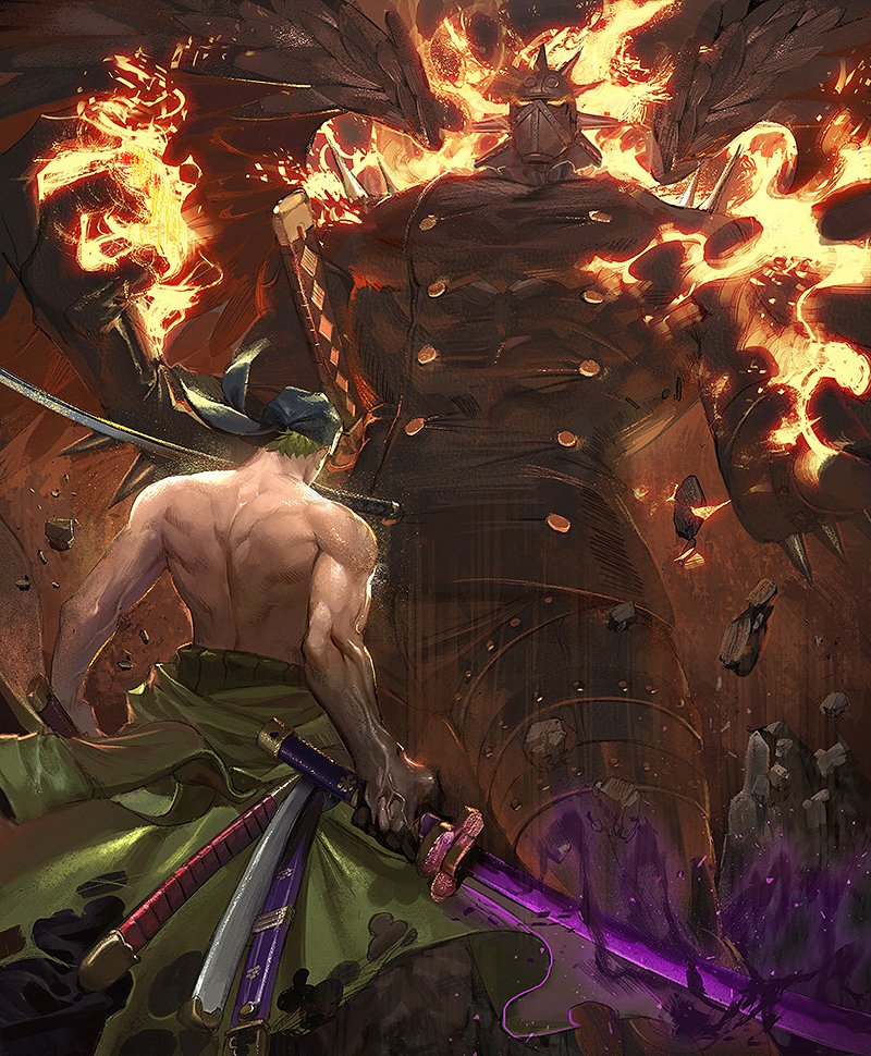 2boys bandana bare_shoulders commentary dinosaur english_commentary gimp_mask gimp_suit green_hair holding holding_sword holding_weapon katana king_(one_piece) looking_at_another mask multiple_boys one_piece roronoa_zoro runa_(artist) short_hair sword weapon