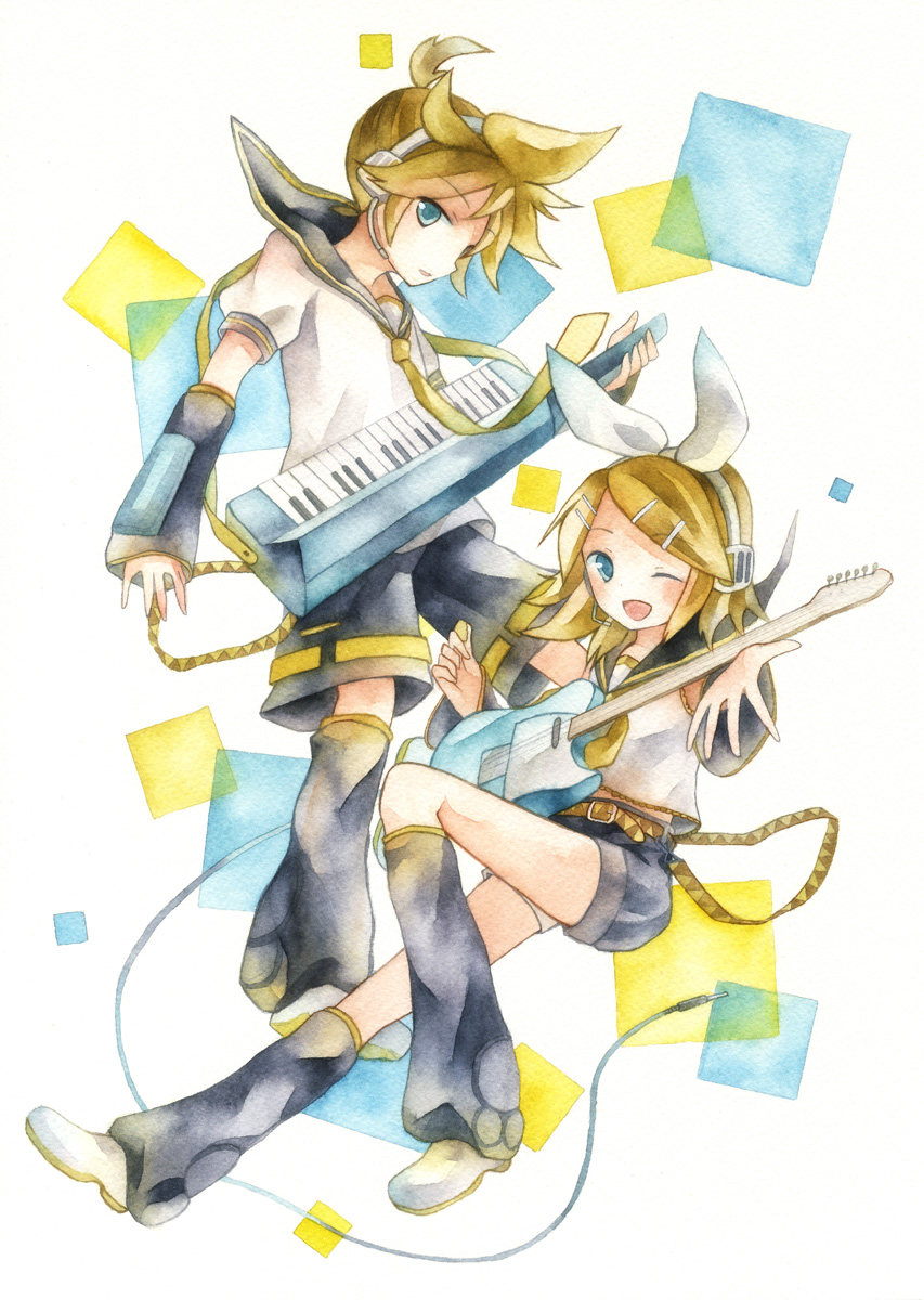 1girl bad_id blonde_hair blue_eyes brother_and_sister electric_guitar guitar hair_ornament hairclip headset highres instrument kagamine_len kagamine_rin kaiso2011 keyboard_(instrument) keytar short_hair siblings sling twins vocaloid wink