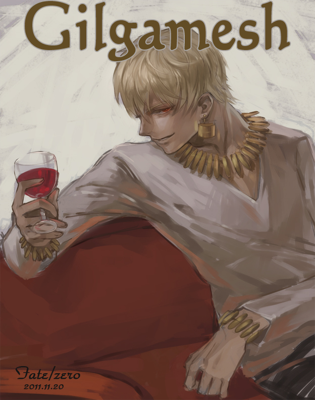 blonde_hair bracelet casual character_name cup earrings fate/stay_night fate/zero fate_(series) gilgamesh jewelry male necklace red_eyes short_hair sitting solo title_drop wine wine_glass yunvshen