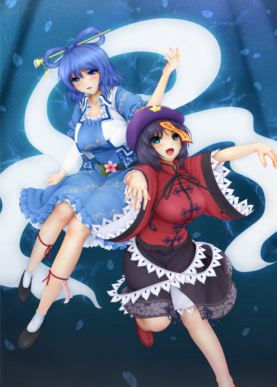 blue_eyes blue_hair breasts chinese_clothes dress flower green_eyes hair_rings hair_stick hat highres jiangshi kaku_seiga large_breasts miyako_yoshika miyakouji multiple_girls ofuda outstretched_arms shawl star taut_shirt touhou zombie_pose