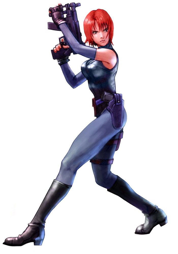 boots capcom crossdraw_holster detached_sleeves dino_crisis fingerless_gloves gloves gun h&amp;k_mp5 h&amp;k_mp5k holster kawano_takuji namco_x_capcom official_art pistol red_hair redhead regina short_hair skin_tight solo spandex submachine_gun vertical_foregrip weapon