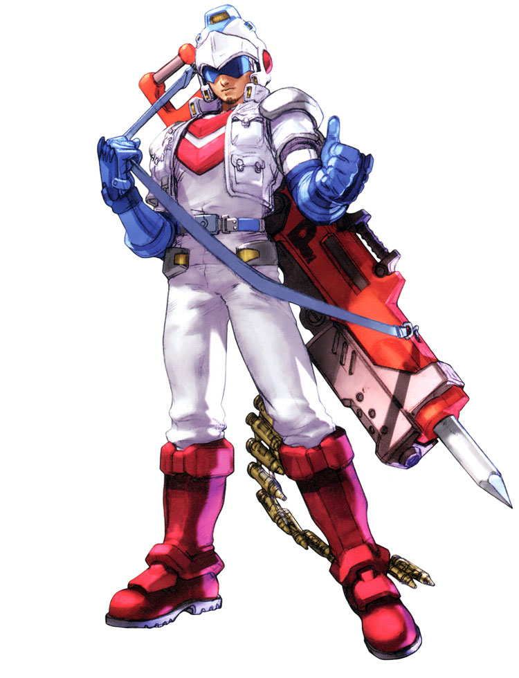 ammunition_belt boots dig_dug drill facial_hair gloves goatee gun helmet huge_weapon kawano_takuji male namco namco_x_capcom official_art over_shoulder pile_bunker solo taizo_hori thumbs_up weapon weapon_over_shoulder