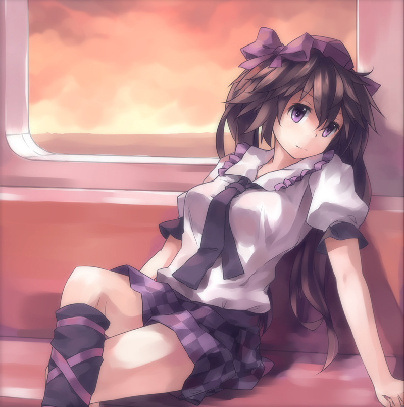 bench bow brown_hair checkered checkered_skirt crossed_legs hair_bow hat himekaidou_hatate leg_ribbon legs_crossed long_hair necktie nodata purple_eyes red_sky shirt sitting skirt sky smile solo touhou twintails violet_eyes window