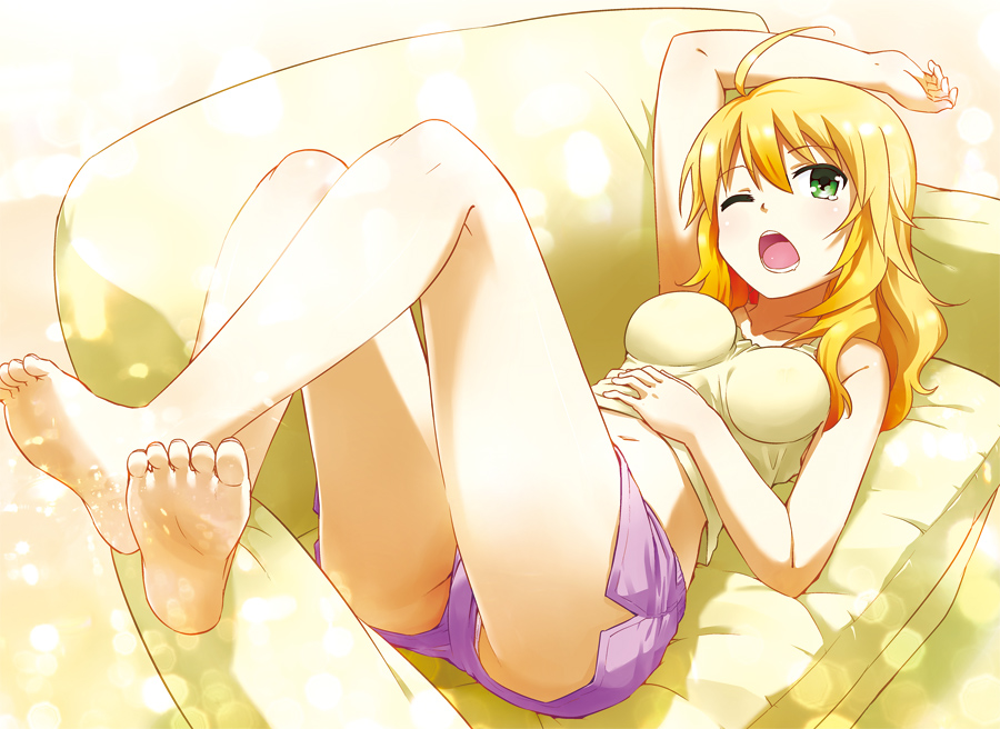 ahoge arm_up armpits bare_legs barefoot blonde_hair boyshorts breasts couch feet green_eyes hand_on_stomach hoshii_miki idolmaster legs lying midriff nagian on_back open_mouth panties pantyshot reclining shorts soles solo tank_top tears toes underwear wink yawning