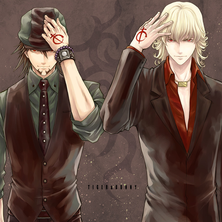 blonde_hair bracelet brown_hair cabbie_hat dark_persona ebitetsu facial_hair glasses hand_on_hat hat jewelry male multiple_boys necklace necktie ouroboros ourobunny red_eyes short_hair stubble tattoo tiger_&amp;_bunny vest waistcoat wannagi watch wristwatch