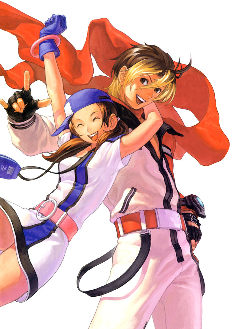 1girl \m/ ^_^ ai_(snk) baseball_cap blonde_hair brown_hair closed_eyes eisuke_ogura eyes_closed fingerless_gloves gloves happy hat minidress multicolored_hair neo_geo_battle_coliseum neo_geo_pocket_color official_art ogura_eisuke scarf short_twintails snk track_suit twintails two-tone_hair yuki_(snk)