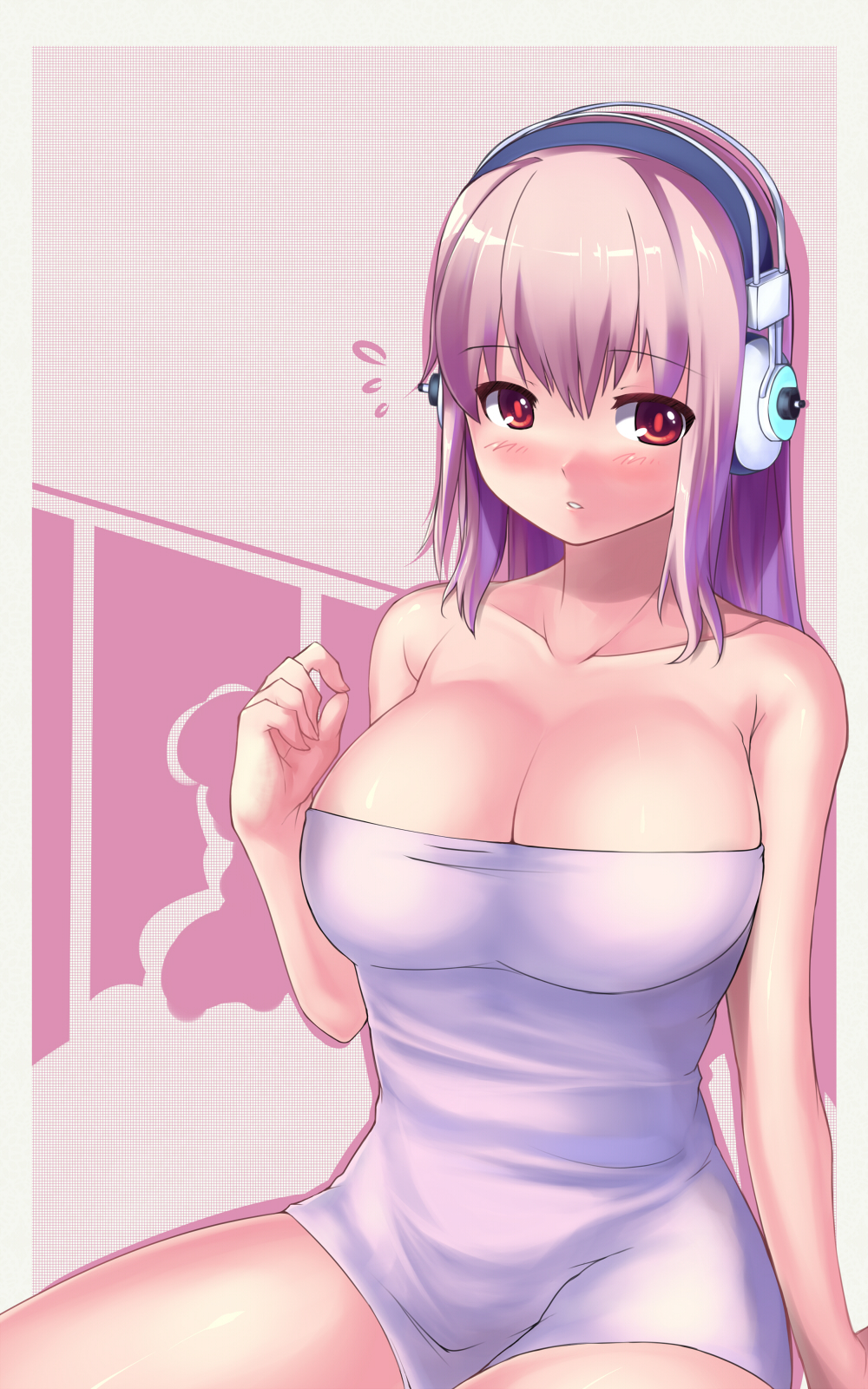 bare_shoulders blush breasts cleavage female headphones highres large_breasts long_hair nitroplus pink_hair red_eyes saiste solo sonico strapless super_sonico
