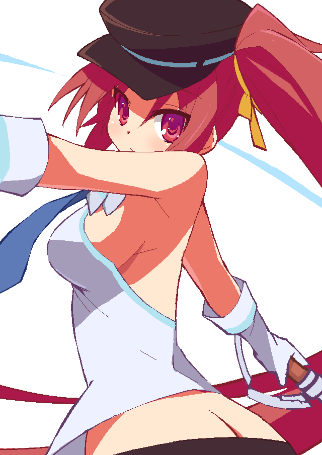 9law breasts butt_crack cardfight!!_vanguard gloves hat high_dog_breeder_akane long_hair necktie oekaki ponytail red_eyes red_hair redhead royal_paladin sideboob solo white_gloves