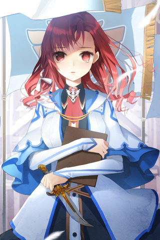 book breasts bridal_gauntlets capelet clipboard coat dagger dress flag lowres red_eyes red_hair redhead salt_(salty) solo sword_girls vernika_answer weapon