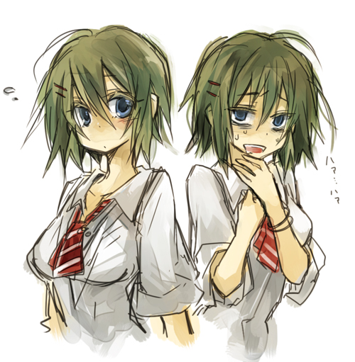 :o asphyxiation bangle blue_eyes bracelet breasts brown_hair bust character_request choking coppelion dress_shirt female fujiwara_akina green_hair hair_ornament hairclip jewelry light_brown_hair looking_at_viewer multiple_girls necktie open_mouth rolled_up_sleeves rough school_uniform shirt short_hair simple_background sleeves_rolled_up sweat white_background