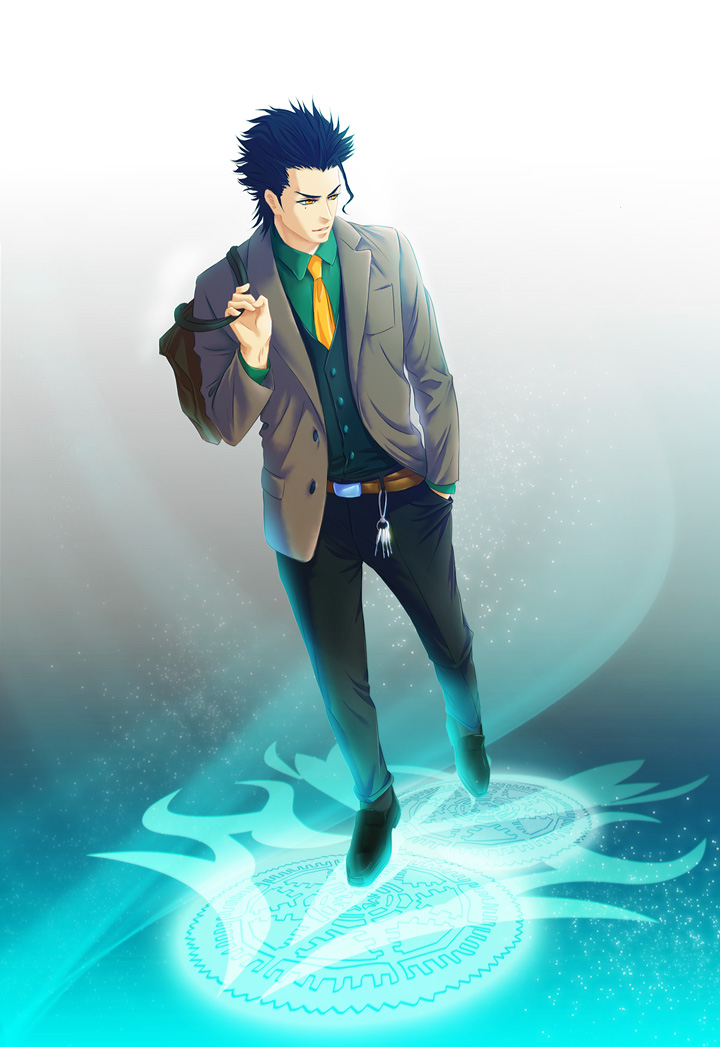 ahoge bad_id bag black_hair bookbag casual changye command_spell fate/stay_night fate/zero fate_(series) hand_in_pocket lancer_(fate/zero) male mole necktie solo yellow_eyes