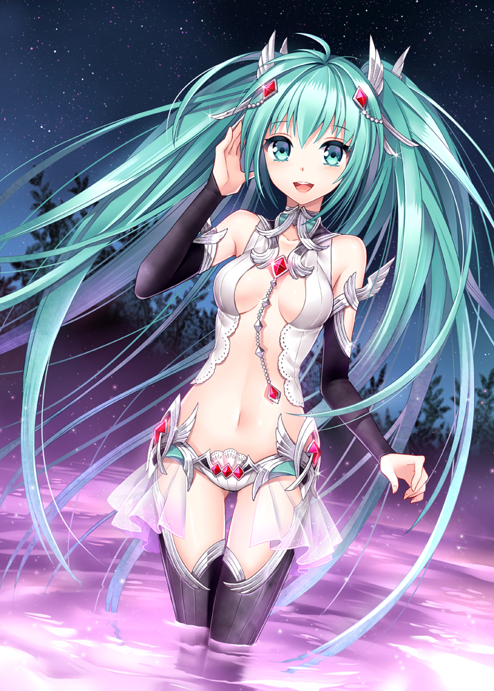 alternate_costume aqua_eyes aqua_hair bare_shoulders black_legwear blush breasts center_opening cleavage elbow_gloves gem gloves hair_ornament hatsune_miku hatsune_miku_(append) long_hair miku_append nardack navel open_mouth sky smile solo star_(sky) starry_sky thigh-highs thigh_gap thighhighs thighs twintails very_long_hair vocaloid vocaloid_append wading