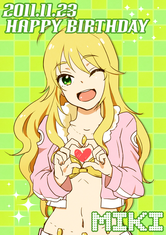 ahoge blonde_hair cool_&amp;_sexy_(idolmaster) green_eyes heart himeko_(pixiv) hoshii_miki idolmaster jacket jewelry long_hair midriff navel necklace open_mouth smile solo wink