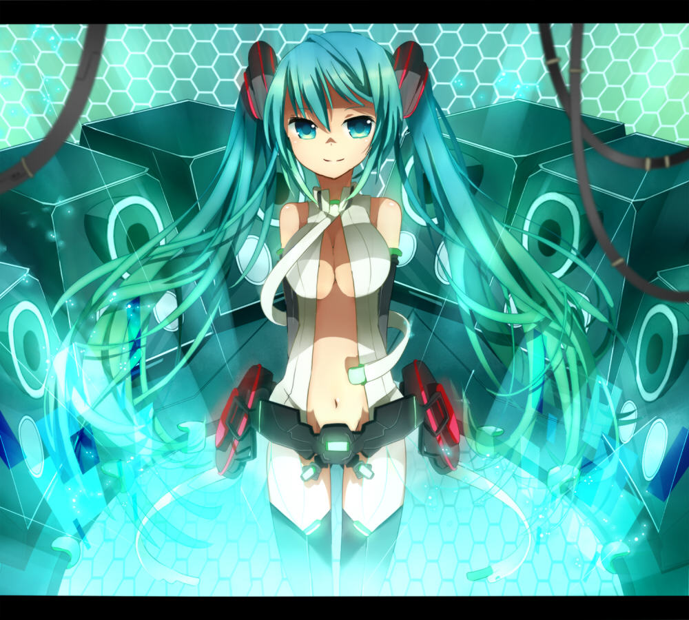 ao_ringo aqua_eyes aqua_hair arms_behind_back breasts center_opening cleavage hatsune_miku hatsune_miku_(append) large_breasts letterboxed long_hair miku_append navel necktie smile solo twintails very_long_hair vocaloid vocaloid_append