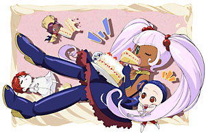 cake chibi dark_skin demon demon_girl girl glenda petite_princess_yucie pigtails pink_hair princess puchi_puri_yucie tanned_skin yucie